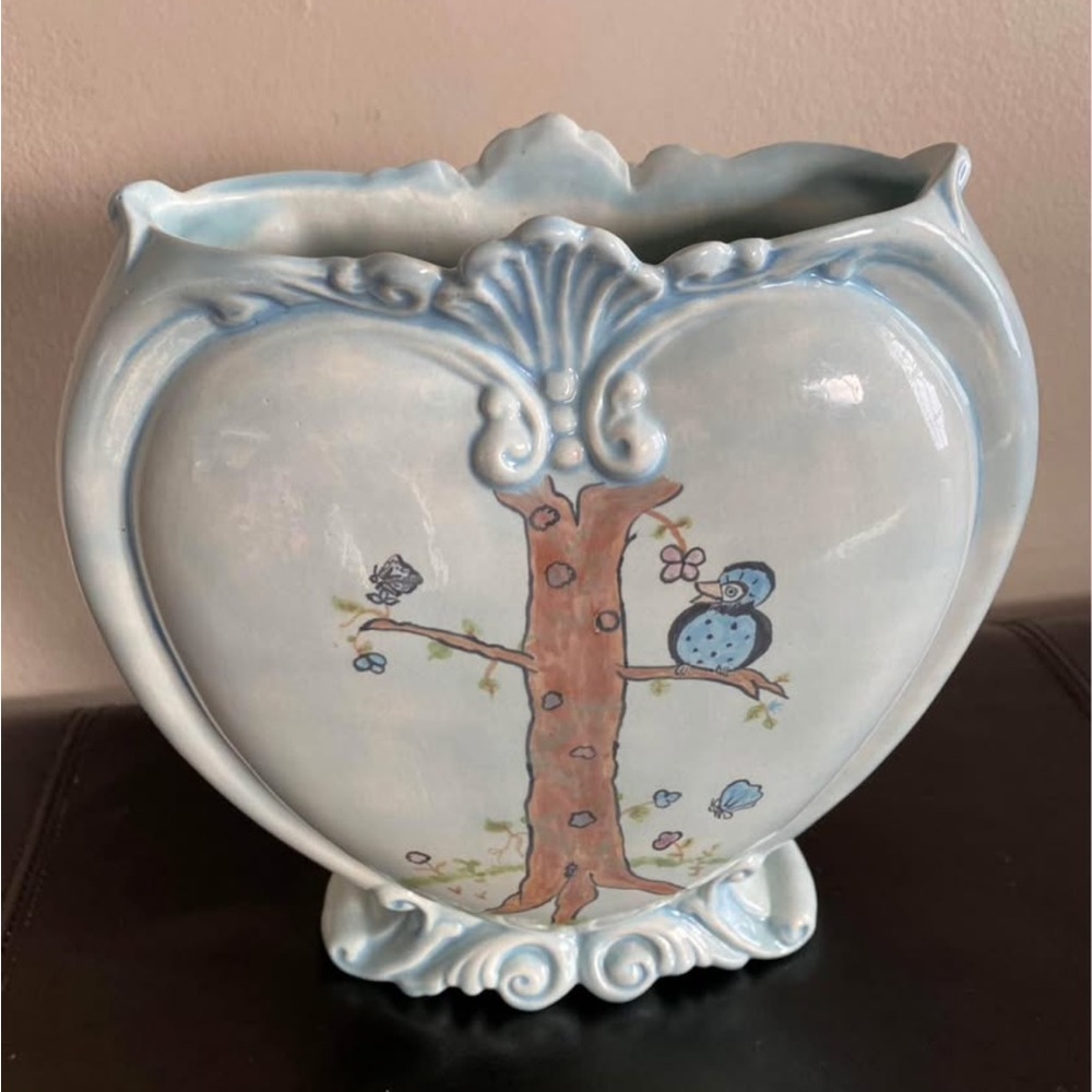Vintage Heart Ceramic Baby Blue Vase Signed